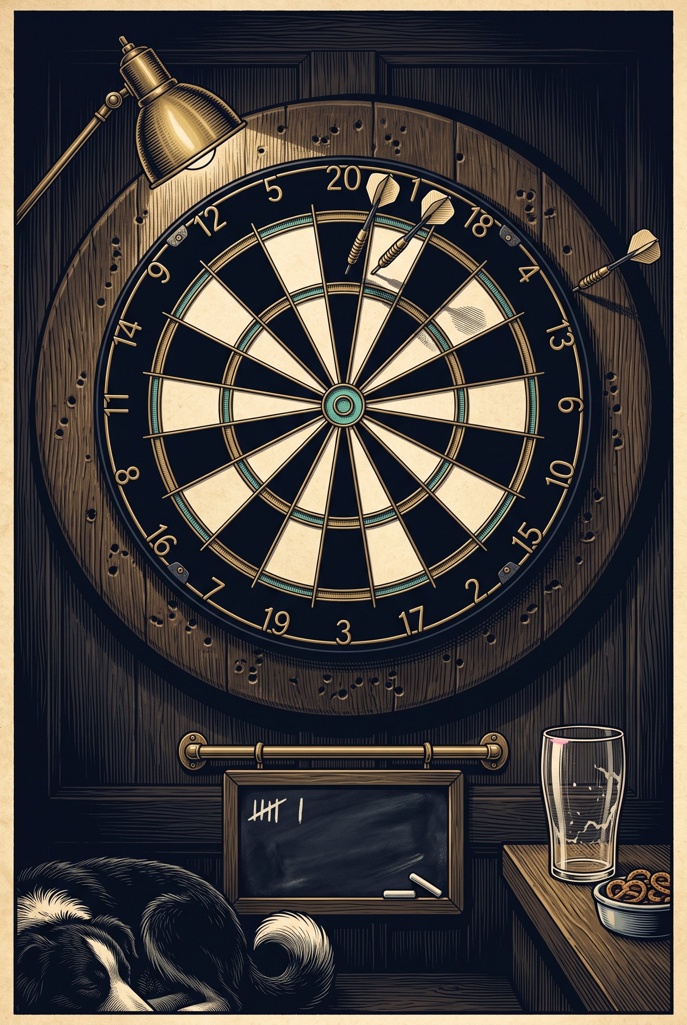 An engraved illustration of a dartboard on a round oak backing at the far end of a pub taproom: twenty wedges in navy and cream, a tide-glass bull, two darts in the twenty and a third in the wood, a brass lamp above, a chalkboard with a tally below, an empty pint with a ring of foam, a dish of pretzels, and the tail of a sleeping border collie.