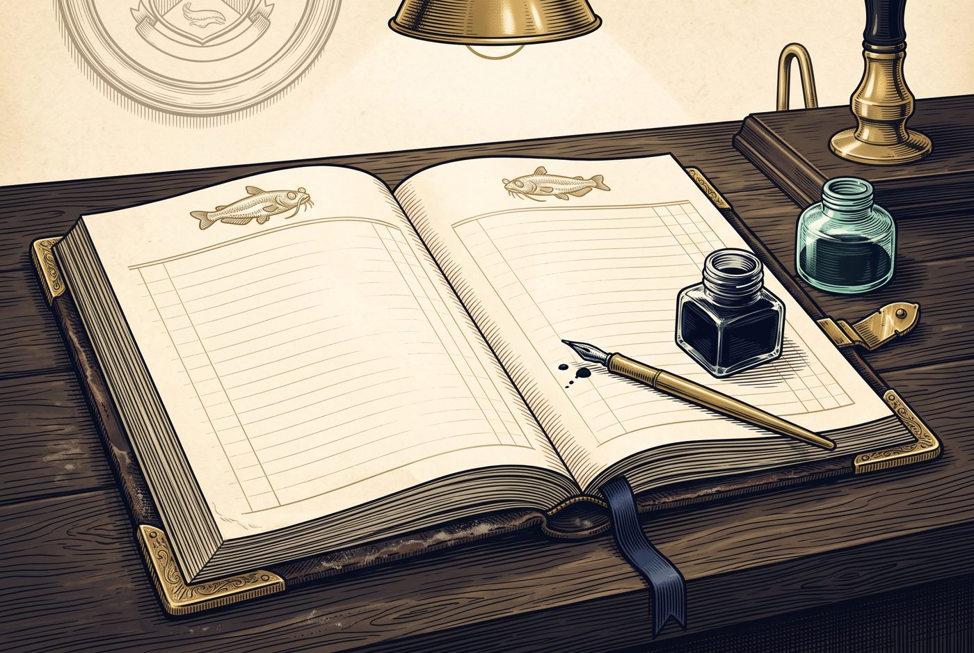 An old salt-stained ledger lying open on the bar under the fish, a brass pen across its page
